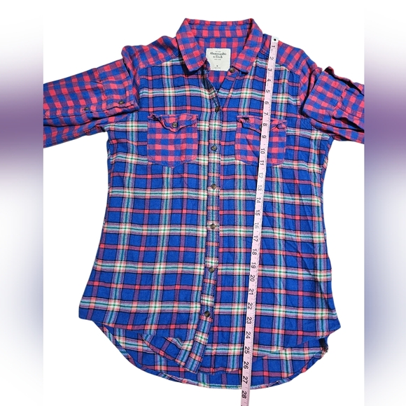 Abercrombie & Fitch Women's Plaid Flannel Shirt Medium Blue Red Y2K Moose Icon - Picture 4 of 6